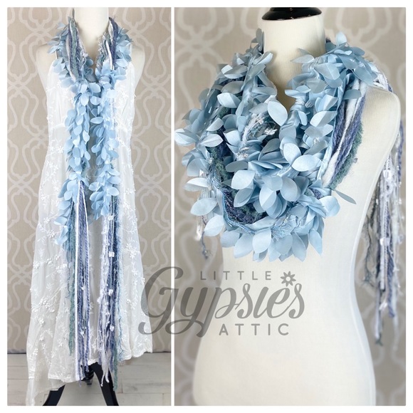 Hand Crafted Accessories - Handmade Falling Soft Blue Leaves Statement Scarf